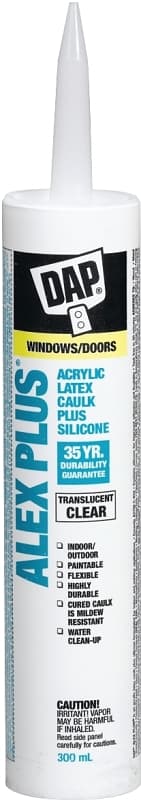 DAP ALEX PLUS 74235 Acrylic Latex Caulk Plus Silicone, Clear, 7 to 14 days Curing, 40 to 100 deg F, 300 mL Cartridge – image 1