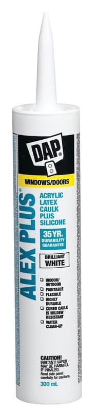 DAP ALEX PLUS 74270 Acrylic Latex Caulk Plus Silicone, White, 40 to 100 deg F, 300 mL Cartridge – image 1