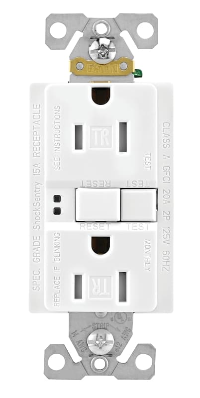 Eaton Wiring Devices TRSGF15W-BOX/TRVG GFCI Duplex Receptacle, 2 -Pole, 15 A, 125 V, Back, Side Wiring, NEMA: 5-15R – image 1