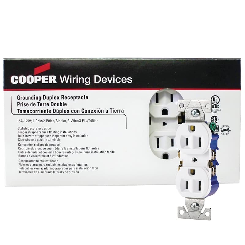 Eaton Wiring Devices 270W-JP-C Duplex Receptacle, 2 -Pole, 15 A, 125 V, Push-in, Side Wiring, NEMA: 5-15R, White – image 1