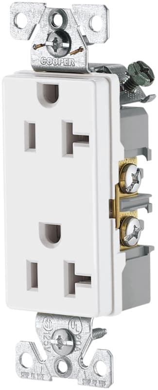 Arrow Hart 6352 6352W-BU Duplex Receptacle, 2 -Pole, 20 A, 125 V, Back, Side Wiring, NEMA: 5-20R, White – image 1