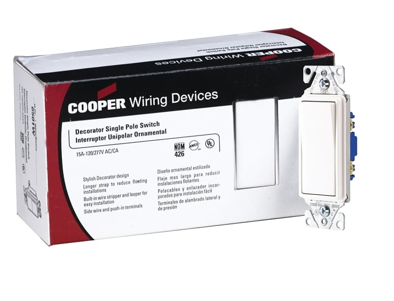 Eaton Wiring Devices 7500 7501W-JP-C Rocker Switch, 15 A, 120/277 V, SPST, Lead Wire Terminal, White – image 1