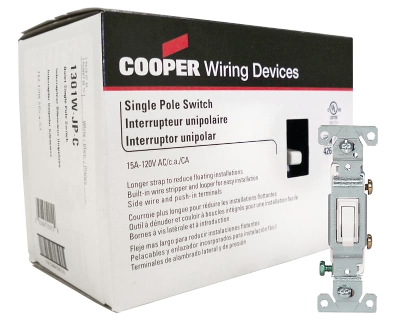Eaton Wiring Devices 1301W-JP-C Toggle Switch, 15 A, 120 V, Polycarbonate Housing Material, White – image 1