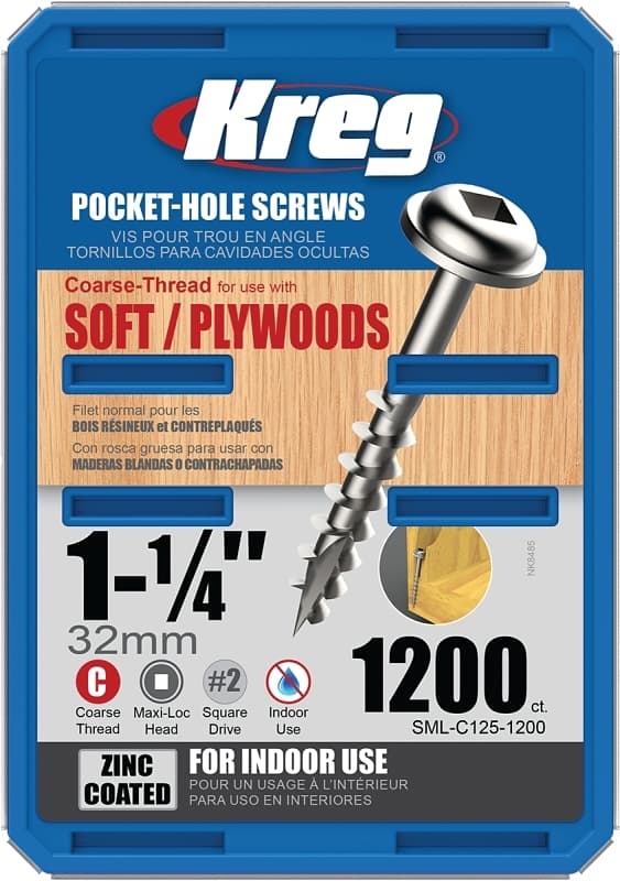 Kreg SML-C125-1200 Pocket-Hole Screw, #8 Thread, 1-1/4 in L, Coarse Thread, Maxi-Loc Head, Square Drive, Carbon Steel – image 1