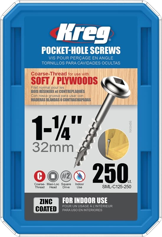 Kreg SML-C125-250 Pocket-Hole Screw, #8 Thread, 1-1/4 in L, Coarse Thread, Maxi-Loc Head, Square Drive, Carbon Steel, 250/PK – image 1