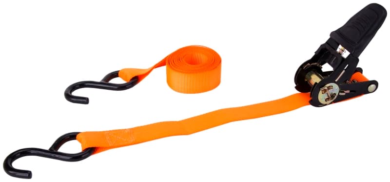 ProSource FH64052 Tie-Down, 1 in W, 10 ft L, Polyester Webbing, Metal Ratchet, Orange, 400 lb, S-Hook End Fitting – image 1