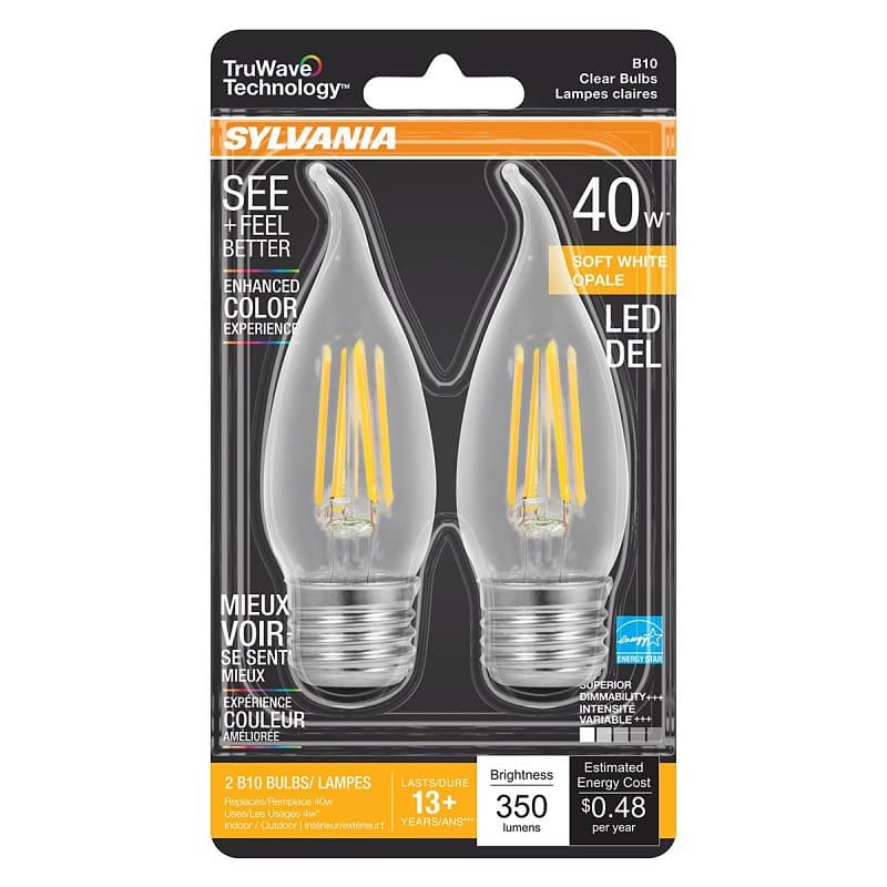 Sylvania 40756 Natural LED Bulb, Decorative, B10 Bent Tip Lamp, 40 W Equivalent, E26 Lamp Base, Dimmable, Clear – image 1