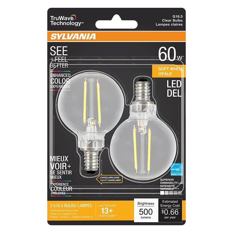 Sylvania 40852 LED Bulb, Decorative, G16.5 Lamp, 60 W Equivalent, E12 Lamp Base, Dimmable, Clear, Soft White Light – image 1