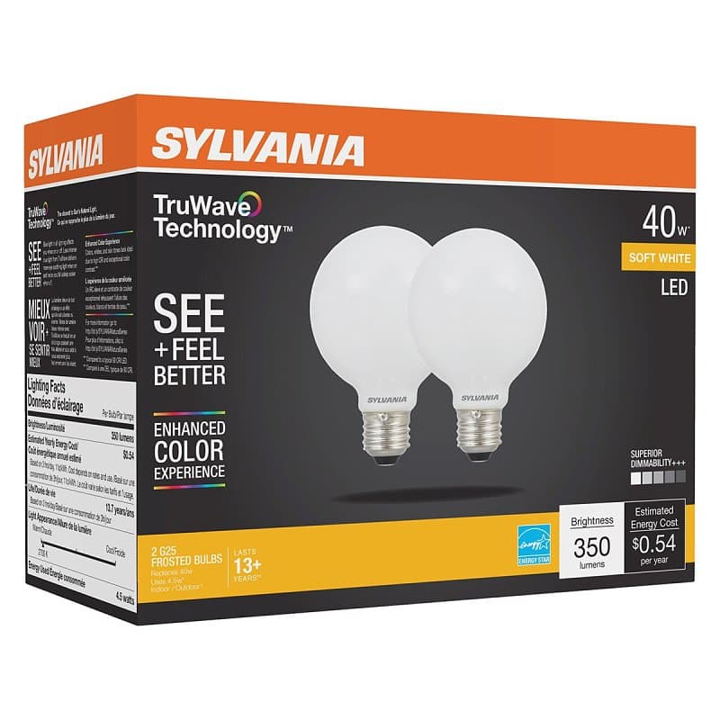 Sylvania 40765 Natural LED Bulb, Globe, G25 Lamp, 40 W Equivalent, E26 Lamp Base, Dimmable, Frosted, Soft White Light – image 1