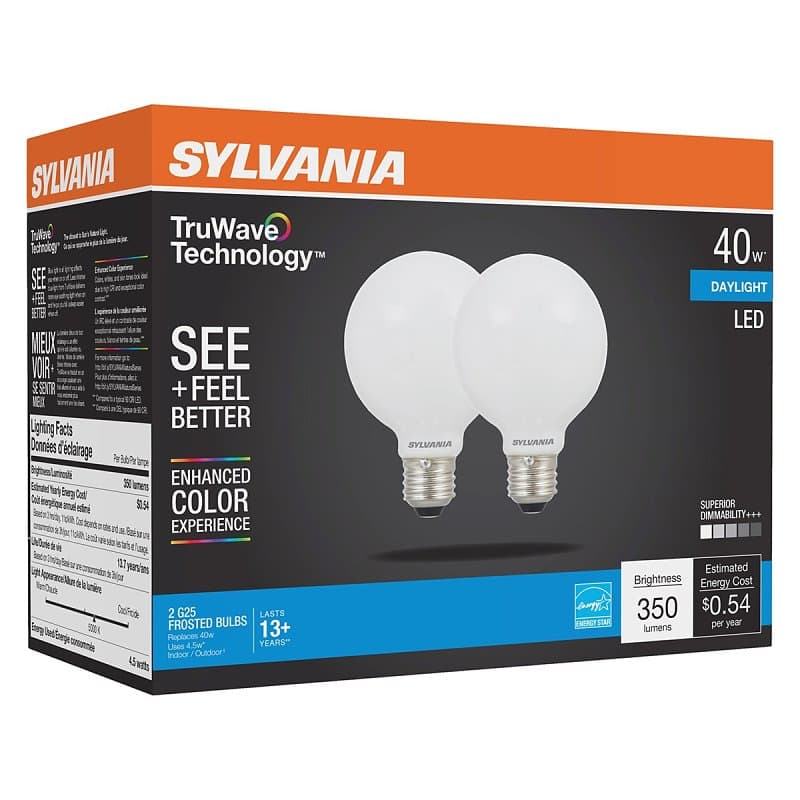 Sylvania 40766 LED Bulb, Globe, G25 Lamp, 40 W Equivalent, E26 Lamp Base, Dimmable, Frosted, Daylight Light – image 1
