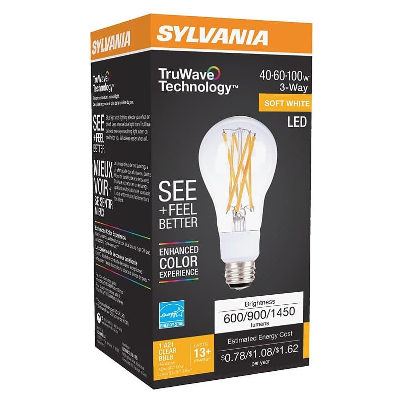 Sylvania 40769 Natural LED Bulb, 3-Way, A21 Lamp, 100 W Equivalent, E26 Lamp Base, Dimmable, Clear, Soft White Light – image 1