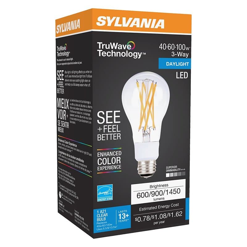 Sylvania 40770 Natural LED Bulb, 3-Way, A21 Lamp, 100 W Equivalent, E26 Lamp Base, Dimmable, Clear, Daylight Light – image 1