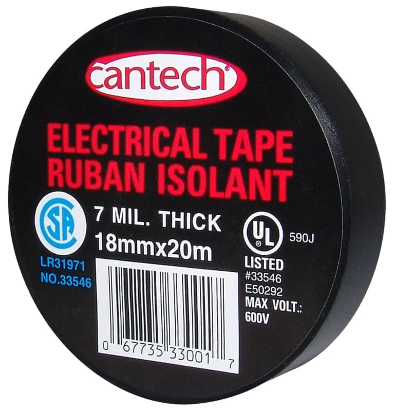 Cantech 330-01 Electrical Tape, 20 m L, 18 mm W, PVC Backing, Black – image 1