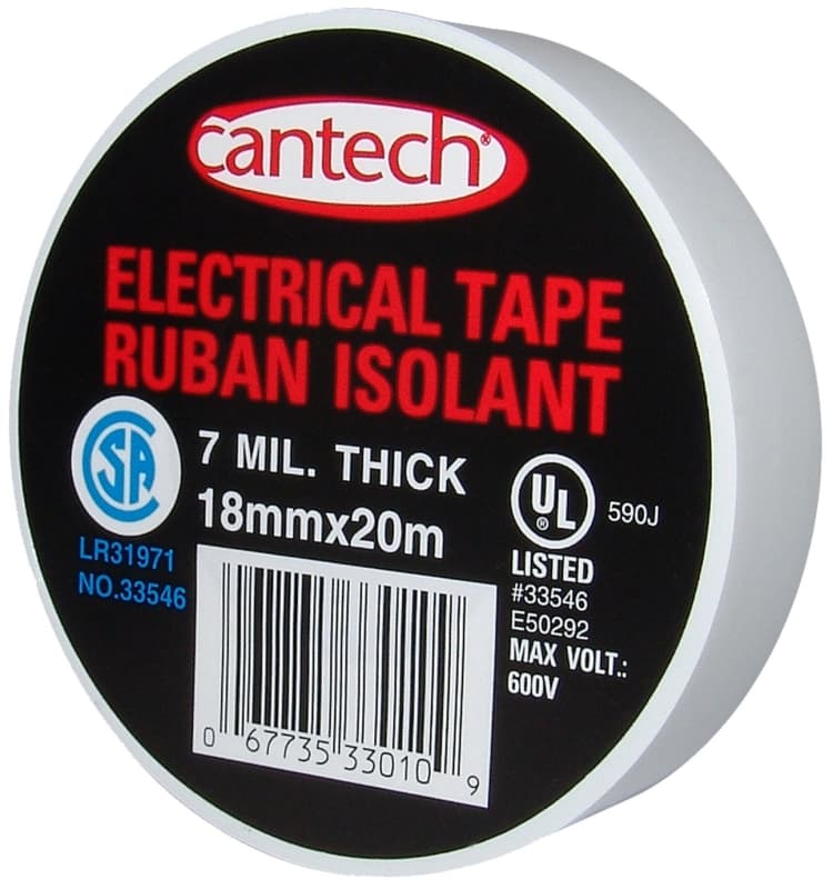 Cantech 330-10 Electrical Tape, 20 m L, 18 mm W, PVC Backing, White – image 1