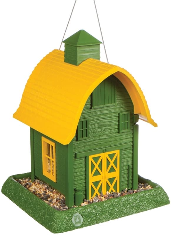 North States 9096 Hopper Bird Feeder, Barn, 5 lb, Plastic, Green/Yellow, 13-1/4 in H, Hanging/Pole Mounting – image 1
