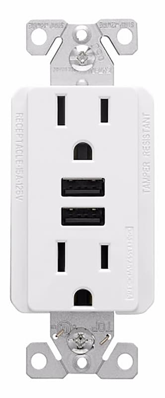 Eaton TR7765W-KB-L USB Combination Receptacle, White, 2-Pole, 15 A at 125 VAC, 3.6 A at 5 VDC, 125 VAC, 5 VDC – image 1