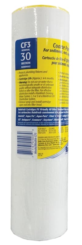 Rainfresh CF Series CF3 Water Filter Cartridge, 30 um Filter, Polyethylene, Polystyrene Filter Media – image 1