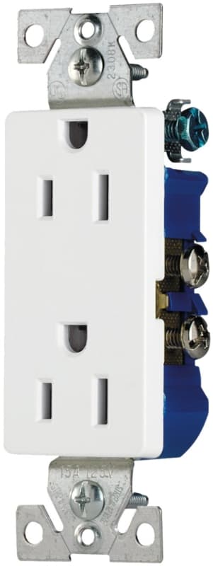Eaton 1107W-10-L Duplex Receptacle, 2-Pole, 15 A, 125 VAC, Push, Side Wiring, NEMA: 5-15R, White – image 1