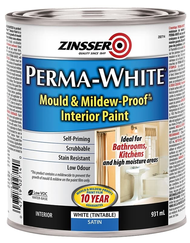 Zinsser PERMA-WHITE Z02714 Kitchen and Bath Paint, Satin, White, 931 mL, Can, Water – image 1