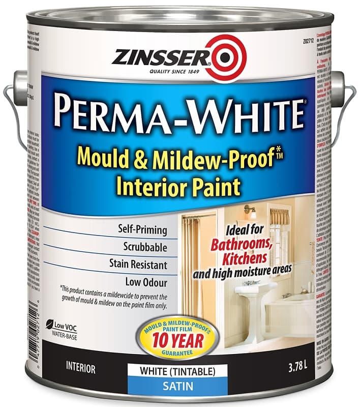 Zinsser PERMA-WHITE Z02712 Kitchen and Bath Paint, Satin, White, 3.7 L, Water – image 1