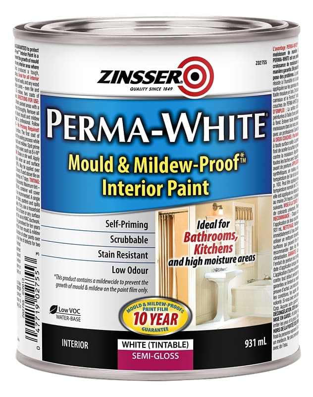 Zinsser PERMA-WHITE Z02755 Kitchen and Bath Paint, Semi-Gloss, White, 931 mL, Can, Water – image 1