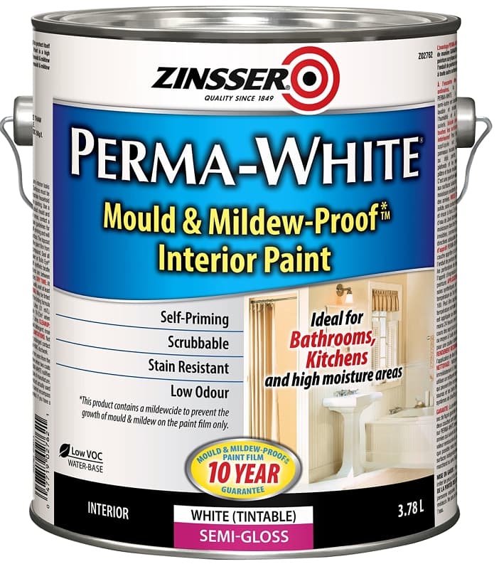 Zinsser PERMA-WHITE Z02762 Kitchen and Bath Paint, Semi-Gloss, White, 3.7 L, Water – image 1
