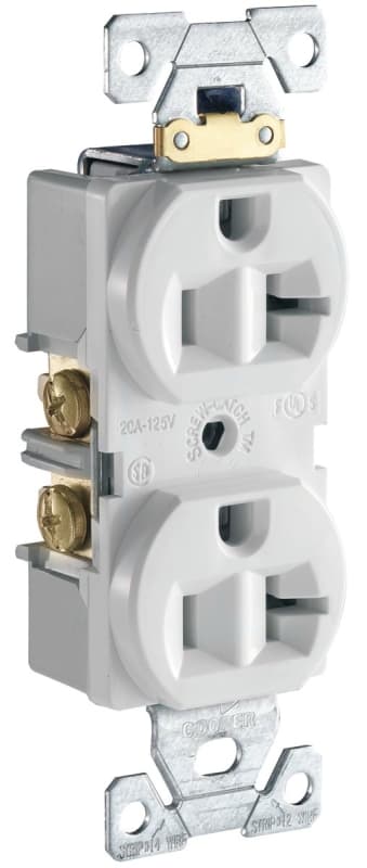 Eaton Cooper Wiring CR20W Duplex Receptacle, 2 -Pole, 20 A, 125 V, Side Wiring, NEMA: 5-20R, White – image 1