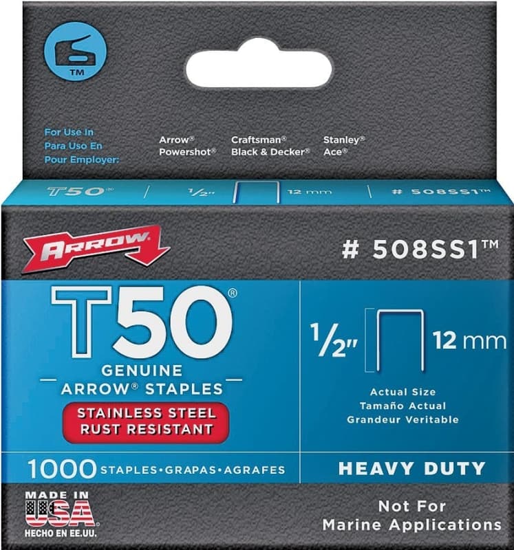 Arrow T50 Series 508SS1 Staple, 3/8 in W Crown, 1/2 in L Leg – image 1