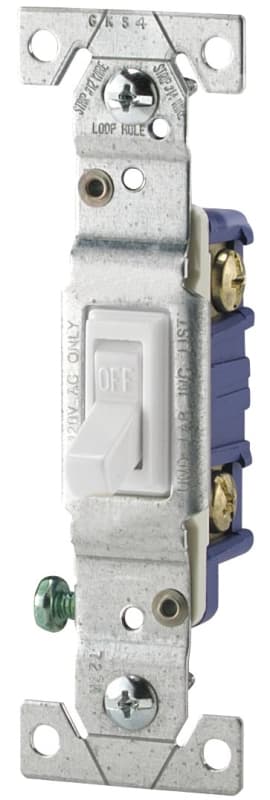 Eaton Wiring Devices 1301-7W Toggle Switch, White, 15 A, 120 V, 4.2 in L x 1.3 in W x 1.103 in D Dimension – image 1