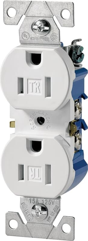 Eaton Wiring Devices TR270W Duplex Receptacle, 2 -Pole, 15 A, 125 V, Push, Side Wiring, NEMA: 5-15R, White – image 1