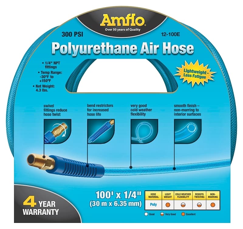 Amflo 12-100E Air Hose, 1/4 in OD, 100 ft L, MNPT, 300 psi Pressure, Polyurethane, Blue – image 1