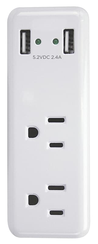 PowerZone ORUSB242 Outlet Charger, 2.4 A, 2-USB Port, 2-Outlet, White – image 1