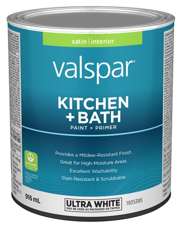 Valspar 029.1935385.005 Kitchen and Bath Interior Paint and Primer, Satin, Ultra White, 1 qt – image 1
