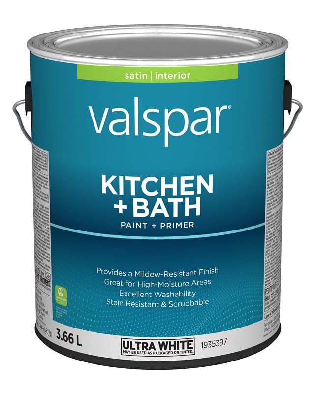 Valspar 029.1935397.007 Kitchen and Bath Interior Paint and Primer, Satin, Ultra White, 1 gal – image 1