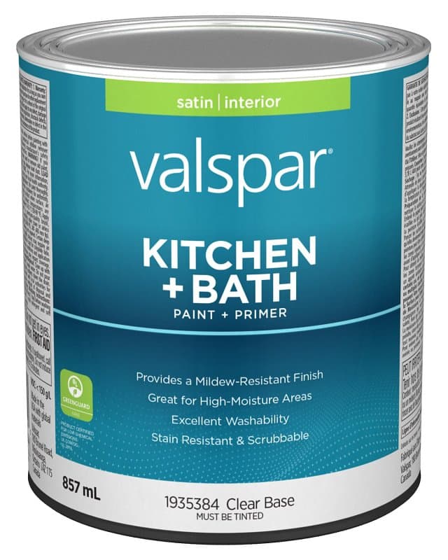 Valspar 029.1935384.005 Kitchen and Bath Interior Paint and Primer, Satin, Clear, 1 qt – image 1