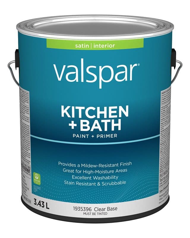 Valspar 029.1935396.007 Kitchen and Bath Interior Paint and Primer, Satin, Clear, 1 gal – image 1