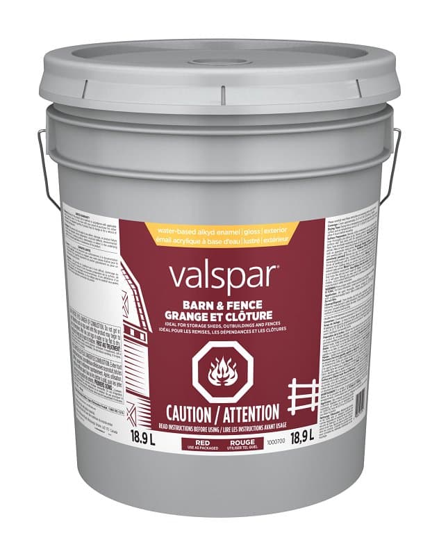 Valspar 029.1000700.008 Barn and Fence Exterior Self-Priming Paint, Water, Gloss, Red, 5 gal – image 1