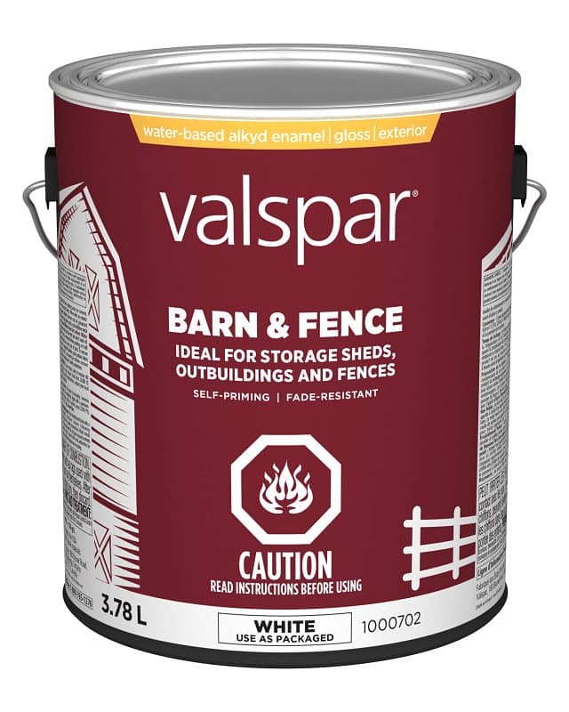 Valspar 029.1000702.007 Barn and Fence Exterior Self-Priming Paint, Water, Gloss, White, 1 gal – image 1