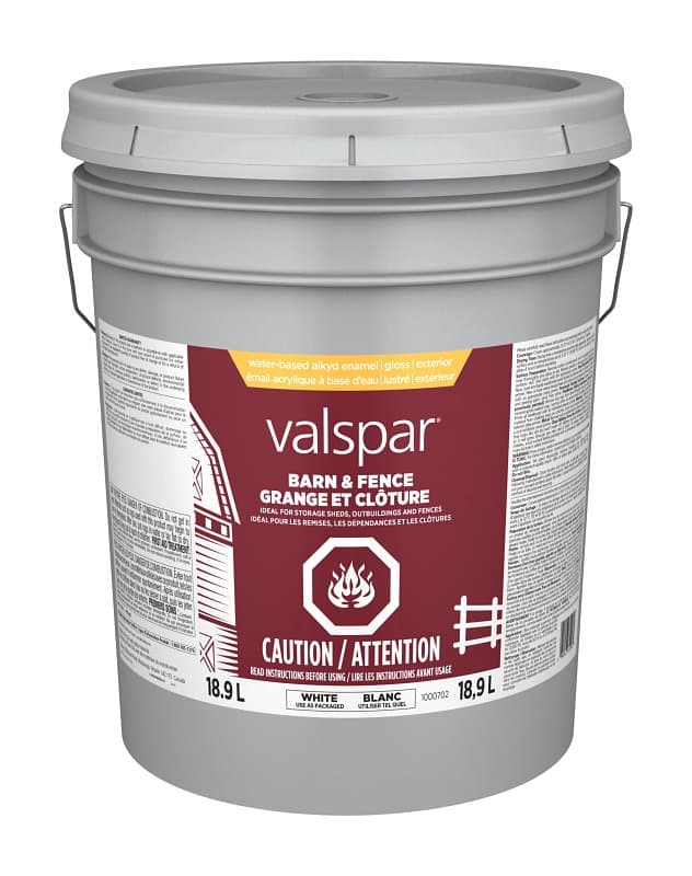 Valspar 029.1000702.008 Barn and Fence Exterior Self-Priming Paint, Water, Gloss, White, 5 gal – image 1
