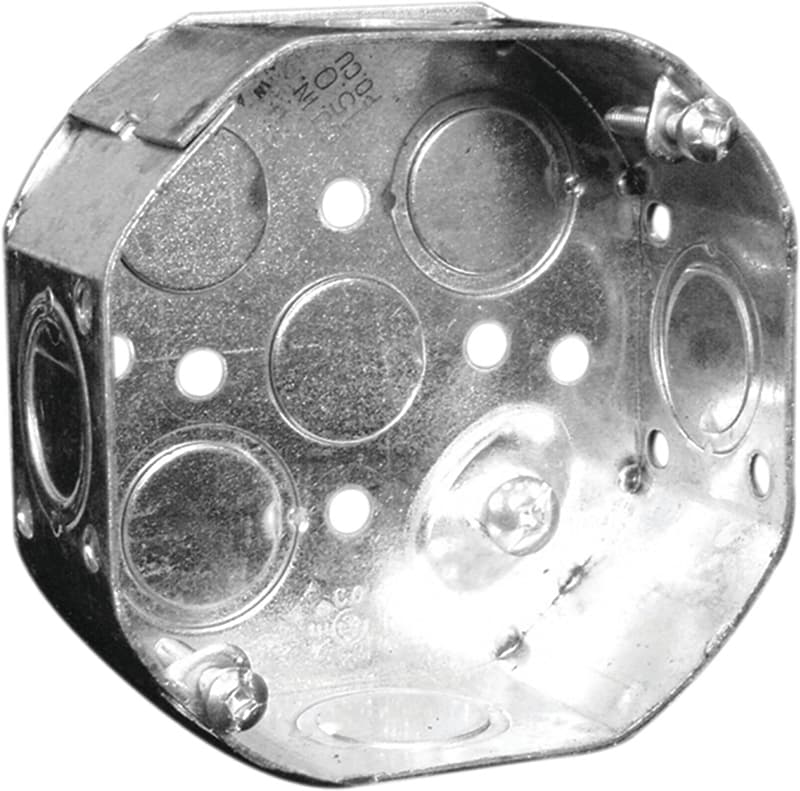 Hubbell 54151KBAR Octagonal Box, 4 in OAW, 1-1/2 in OAD, 8-Knockout, Metal Housing Material – image 1