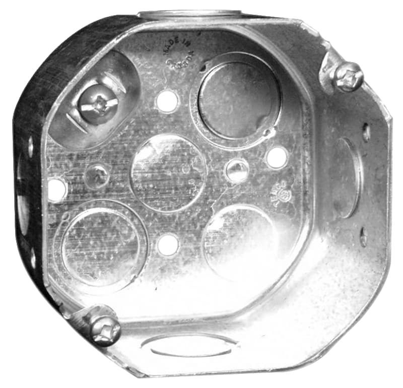 Hubbell 54171KBAR Octagonal Box, 4 in OAW, 2-1/8 in OAD, 8-Knockout, Metal Housing Material – image 1