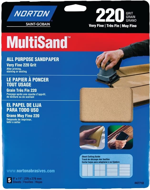 Norton MultiSand 07660747710 Sanding Sheet, 11 in L, 9 in W, Very Fine, 220 Grit, Aluminum Oxide Abrasive, Paper Backing – image 1