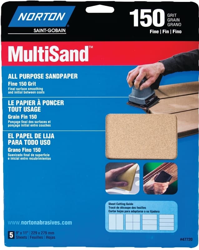 Norton MultiSand 07660747720 Sanding Sheet, 11 in L, 9 in W, Fine, 150 Grit, Aluminum Oxide Abrasive, Paper Backing – image 1