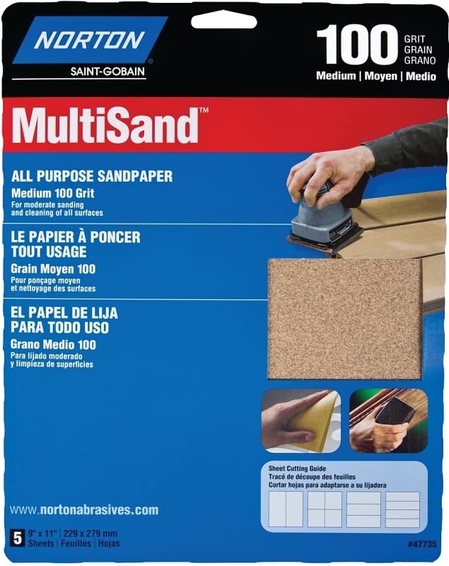 Norton MultiSand 07660747735 Abrasive Sheet, 11 in L, 9 in W, Medium, P100 Grit, Aluminum Oxide Abrasive, Paper Backing – image 1