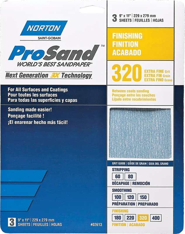 Norton ProSand 07660768157 Sanding Sheet, 11 in L, 9 in W, Extra Fine, 320 Grit, Aluminum Oxide Abrasive, Paper Backing – image 1