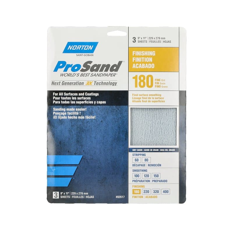 Norton ProSand 07660768159 Sanding Sheet, 11 in L, 9 in W, Fine, 180 Grit, Aluminum Oxide Abrasive, Paper Backing – image 1