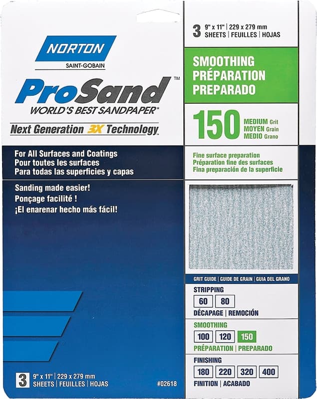 Norton ProSand 07660768160 Sanding Sheet, 11 in L, 9 in W, Medium, 150 Grit, Aluminum Oxide Abrasive, Paper Backing – image 1