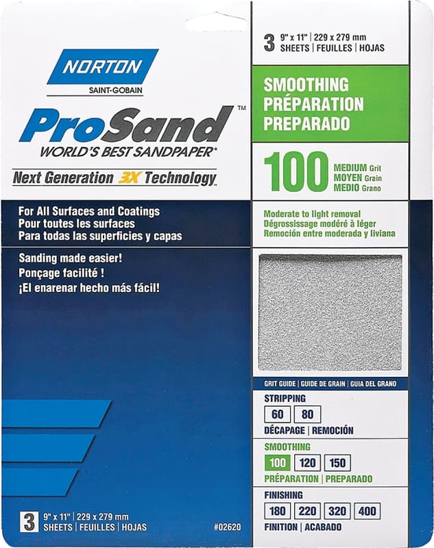 Norton ProSand 07660768162 Sanding Sheet, 11 in L, 9 in W, Medium, 100 Grit, Aluminum Oxide Abrasive, Paper Backing – image 1