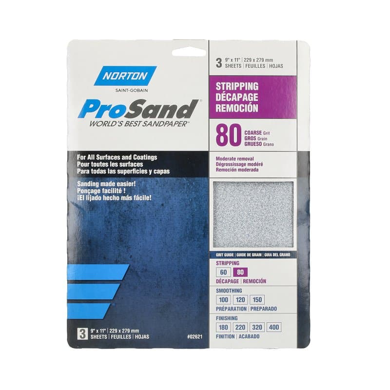 Norton ProSand 07660768163 Sanding Sheet, 11 in L, 9 in W, Coarse, 80 Grit, Aluminum Oxide Abrasive, Paper Backing – image 1