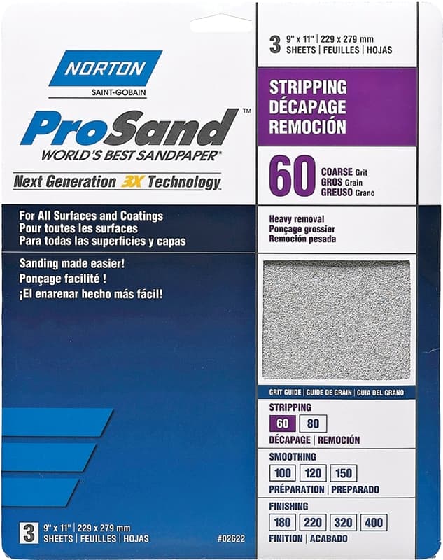 Norton ProSand 07660768164 Sanding Sheet, 11 in L, 9 in W, Coarse, 60 Grit, Aluminum Oxide Abrasive, Paper Backing – image 1
